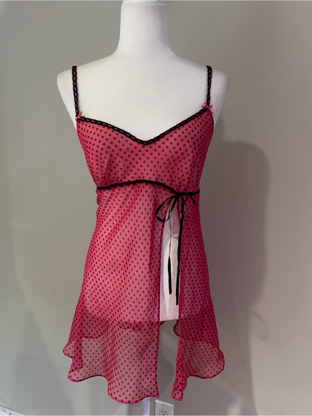 Secret Treasures Pink Polka Dot Sheer Chemise with Black Trim